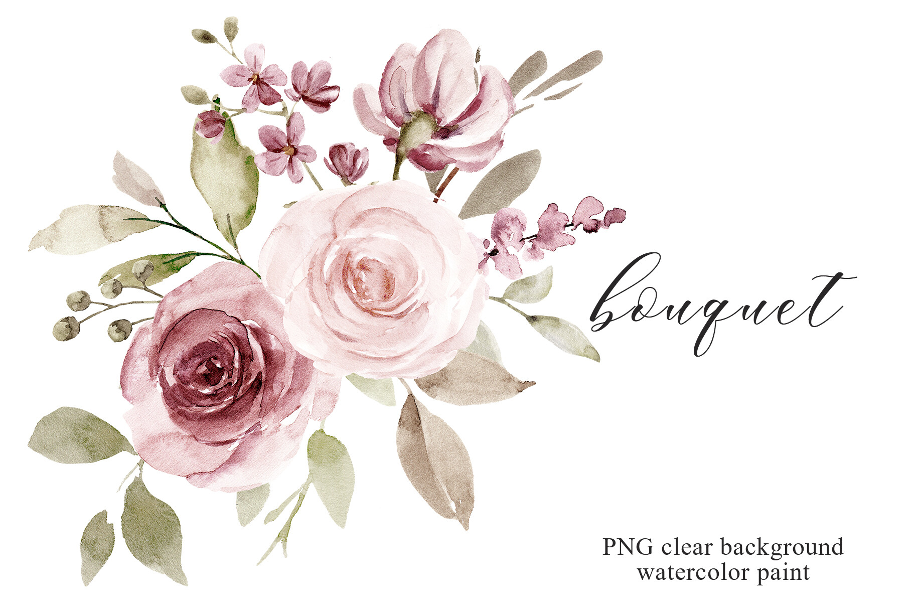 Watercolor Pink Flowers Clipart Bouquet