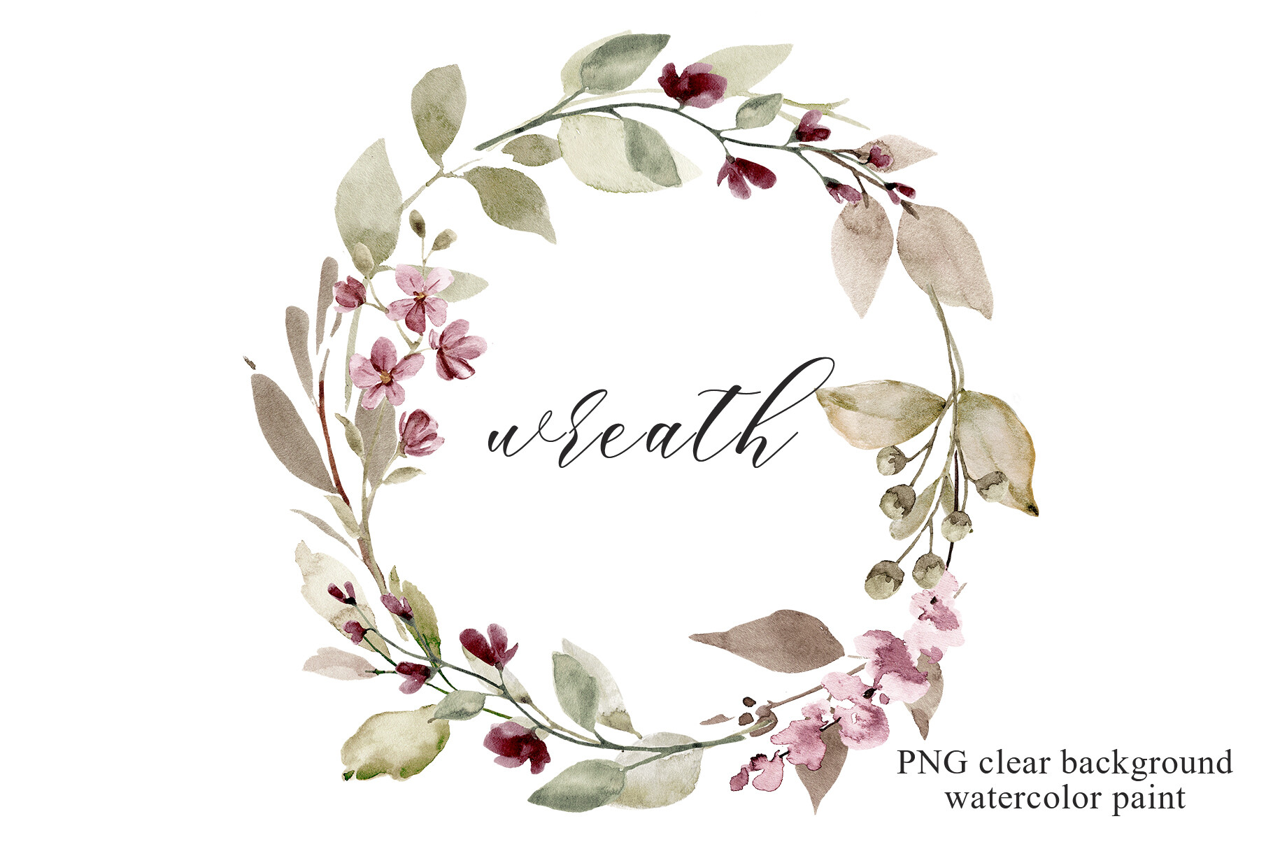 Wreath with Watercolor Leaves, Flowers.