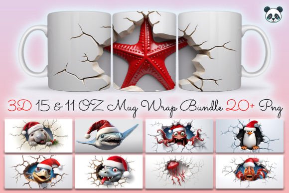 3d Christmas Sea Animals Mug Wrap Bundle Graphics