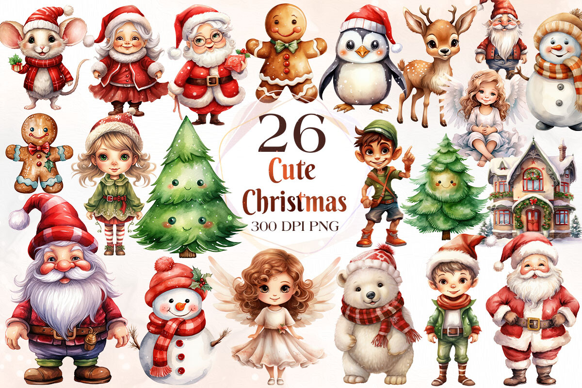 Cute Christmas Watercolor Clipart Bundle Graphic by Cat Lady · Creative ...