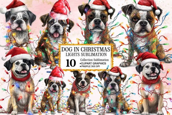 Dog in Christmas Lights Sublimation design with twinkling string lights