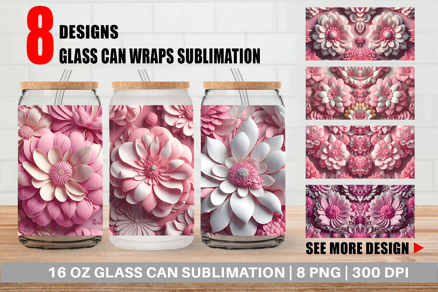 Glass Can 3D Pink Flower Vintage Graphic by Artnoy · Creative Fabrica