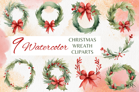 9 Watercolor Christmas Wreath Clipart Graphic Illustrations By Heyv Studio