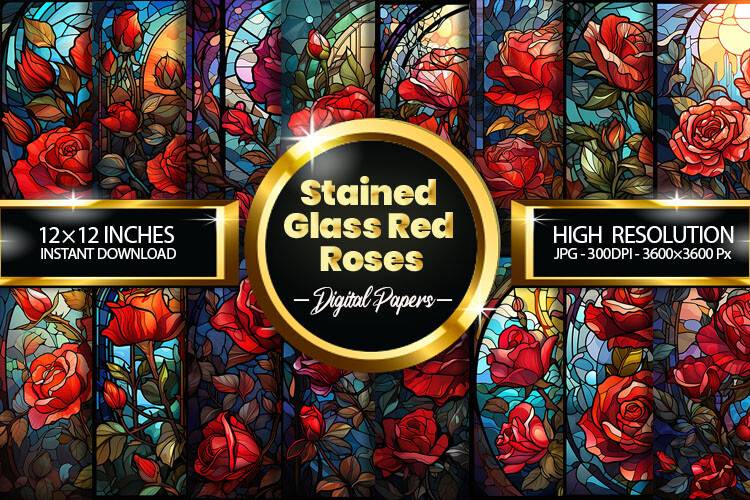 Stained Glass Red Roses Digital Papers Graphic by Hurairagraphics ...