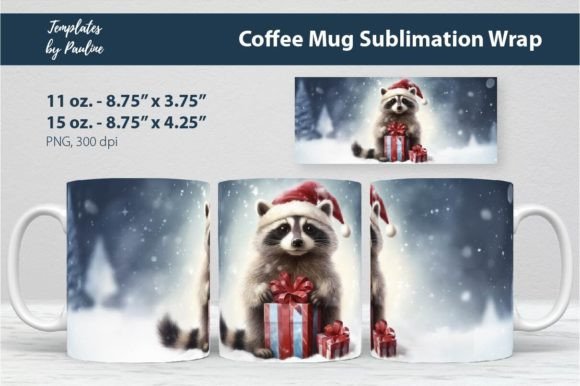 Cute Christmas Raccoon Coffee Mug Wrap Graphics