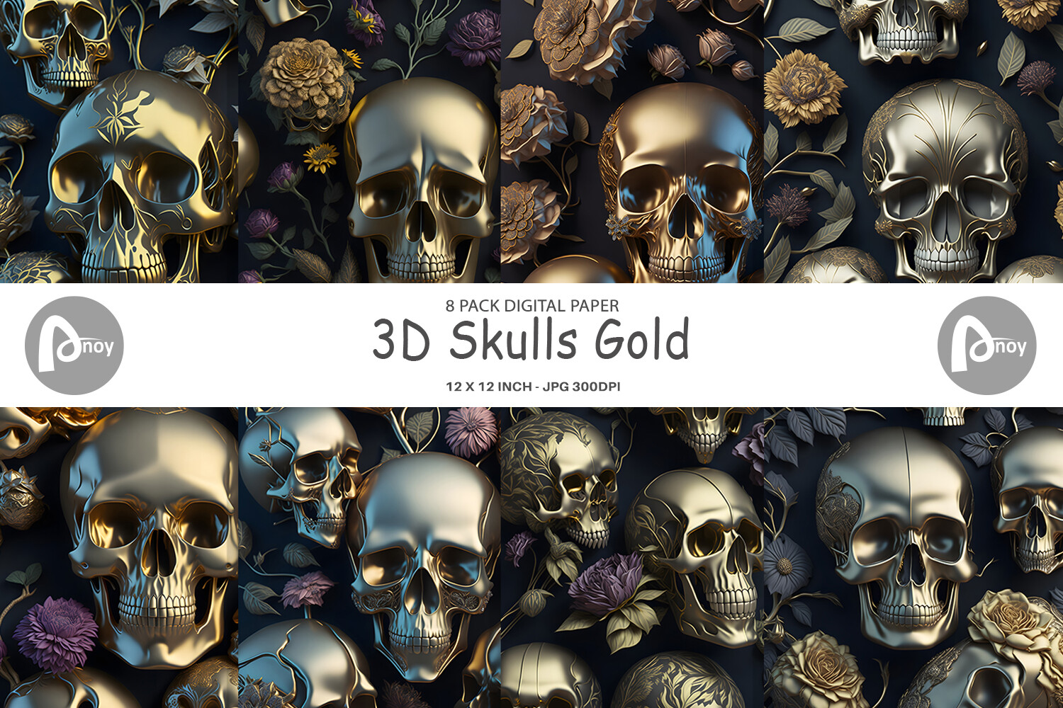Digital Paper 3D Skulls Gold Graphic by Artnoy · Creative Fabrica