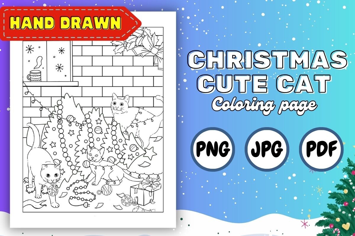 Christmas Coloring Page with Cats Graphic by Kalilaart · Creative Fabrica