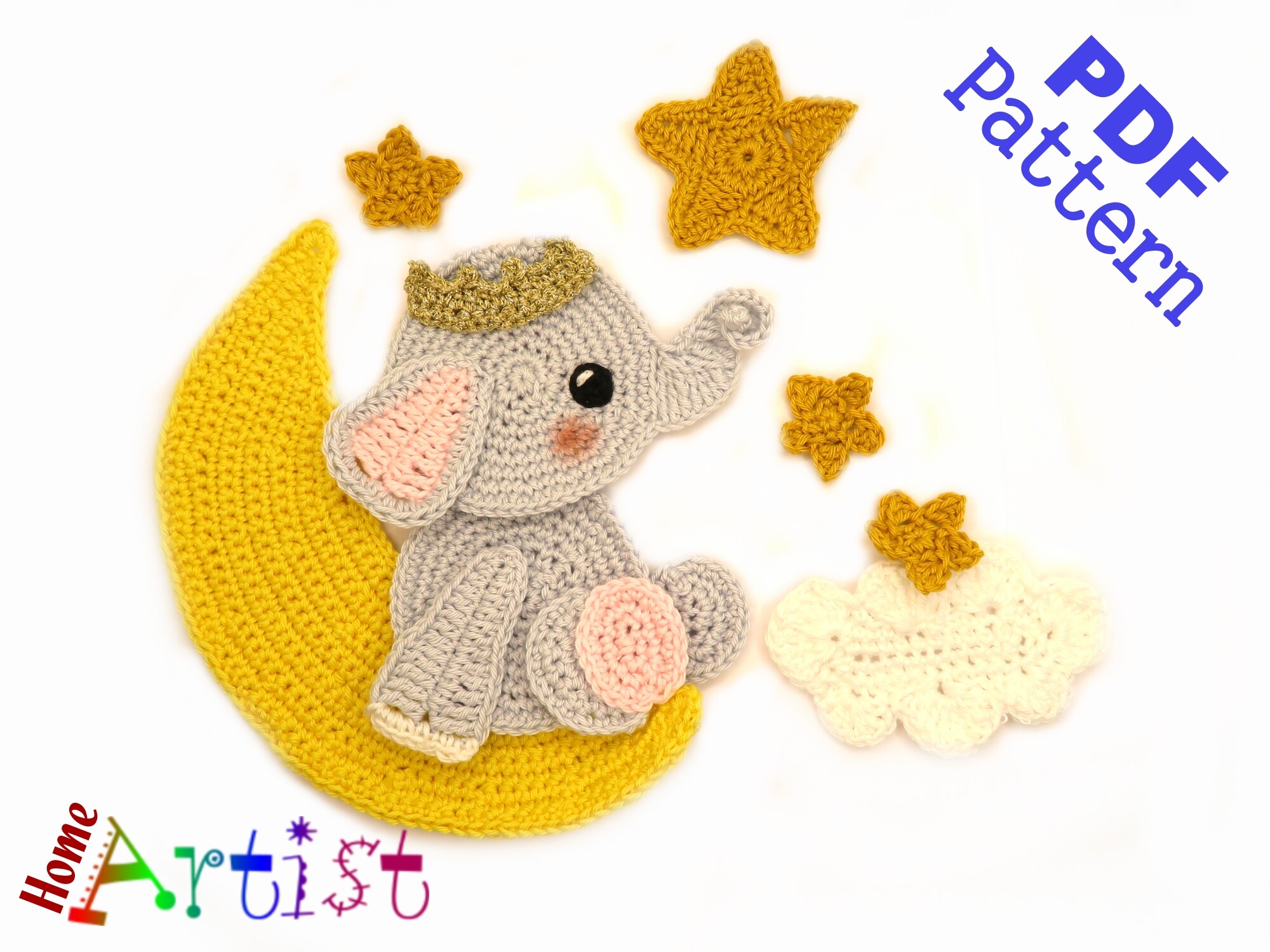Elephant Moon Crochet Applique Pattern