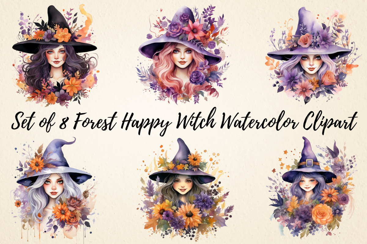 Floral Happy Witch Watercolor Clipart Graphic by pcudesigns · Creative ...