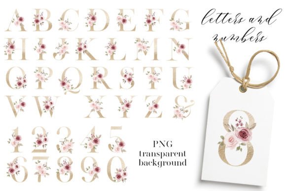 Gold Letters, Numbers. Floral Alphabet.