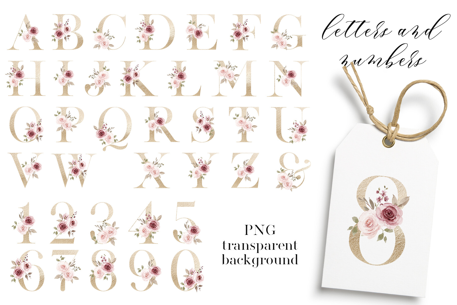 Gold Letters, Numbers. Floral Alphabet.
