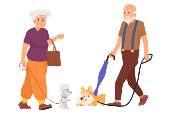 Old People Walking with Dogs. Active Car
