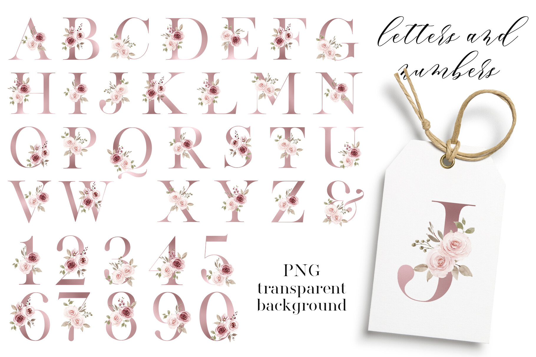 Pink Letters, Numbers. Floral alphabet.