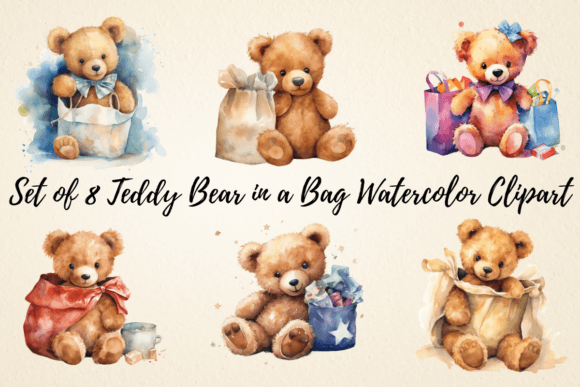 Teddy Bear in a Bag Watercolor Clipart