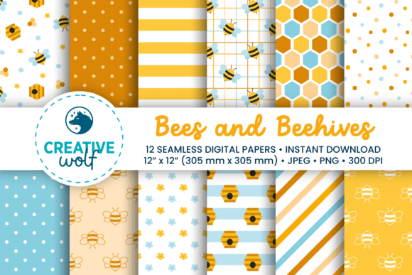 Bees and Beehives Seamless Digital Paper Graphic Patterns By Creative Wolf Design