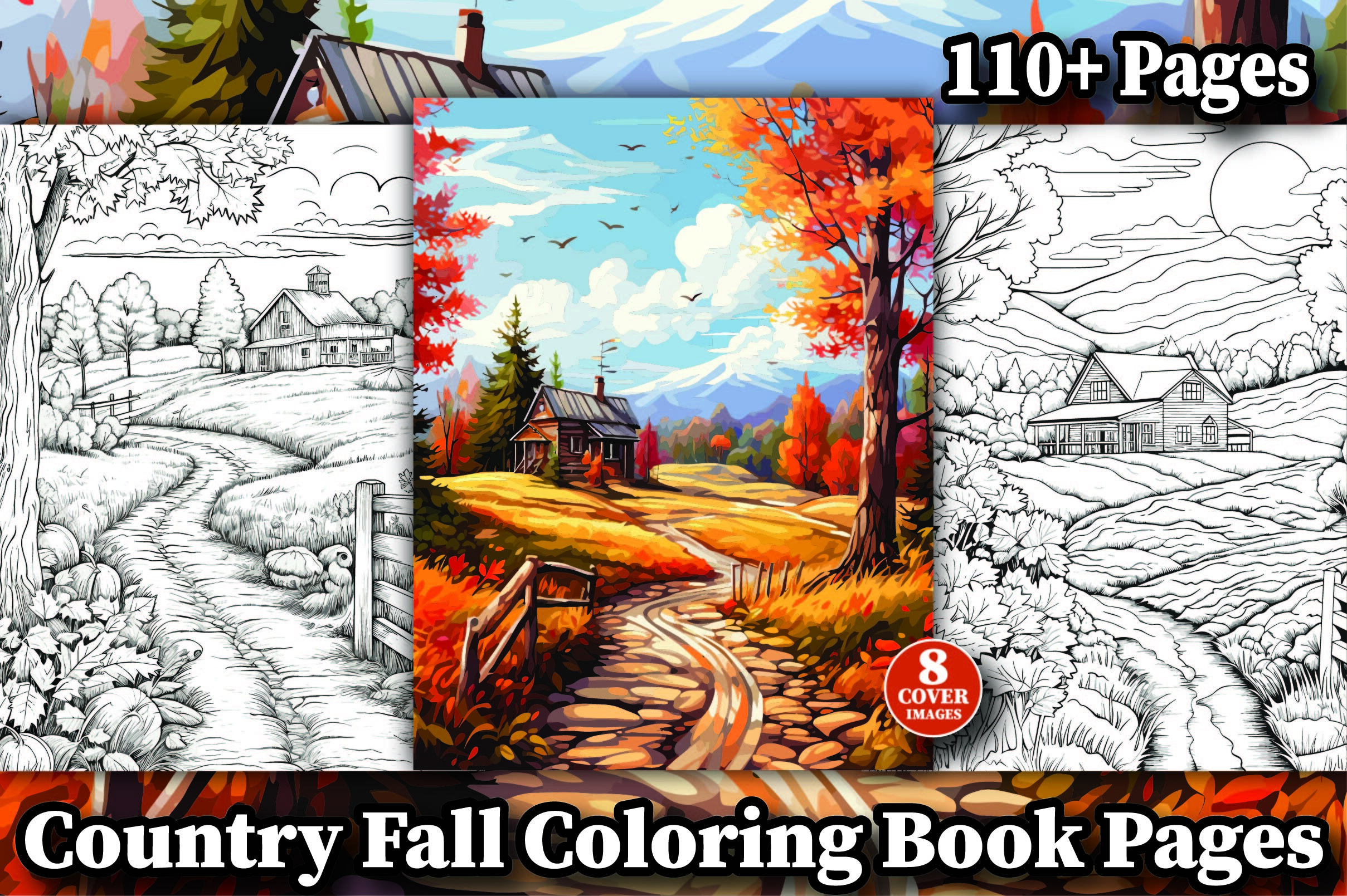 100 Country Fall Coloring Book Pages KDP
