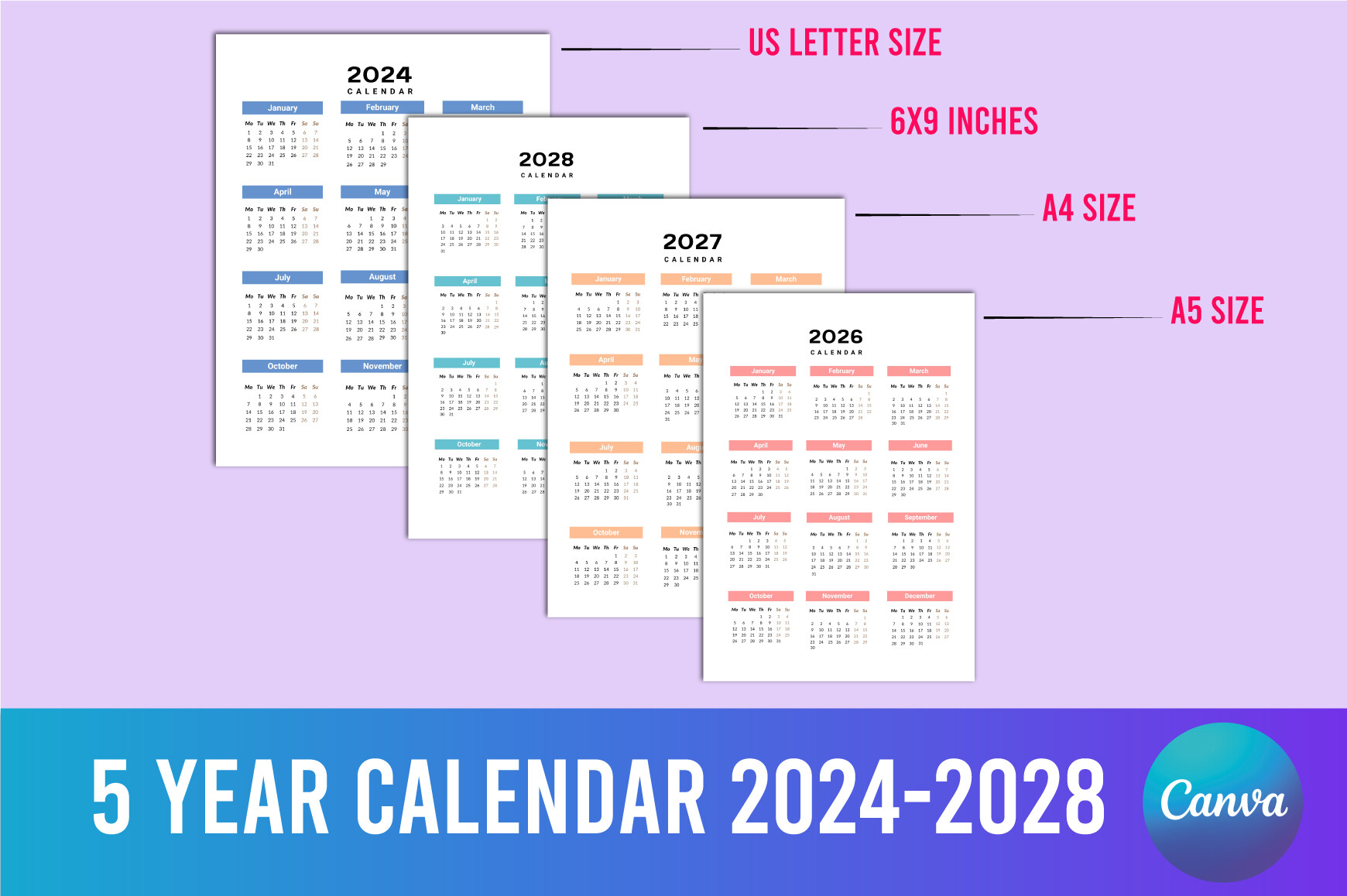 5 Year Calendar 2024-2028 for Canva