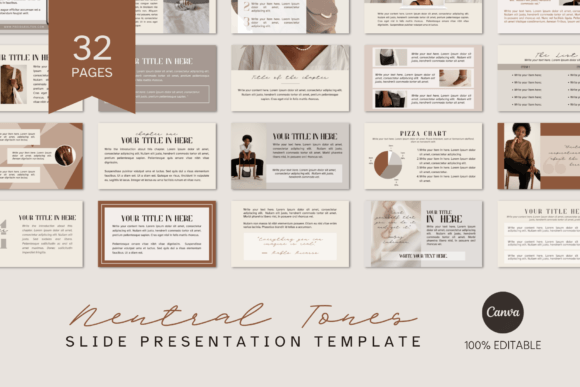 Neutral Tones Canva slide template with 32 presentation layouts