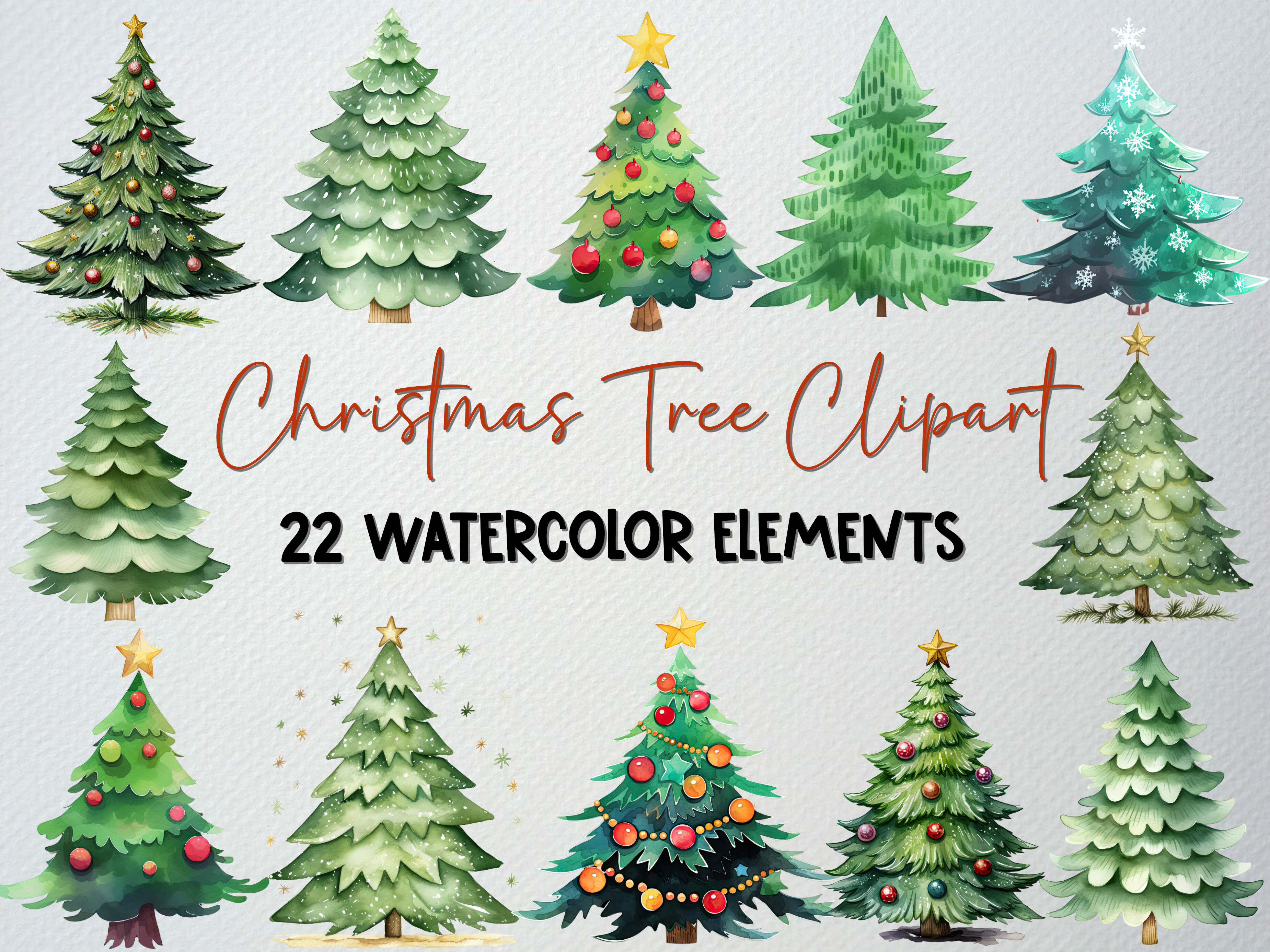 Watercolor Christmas Tree Clipart Set