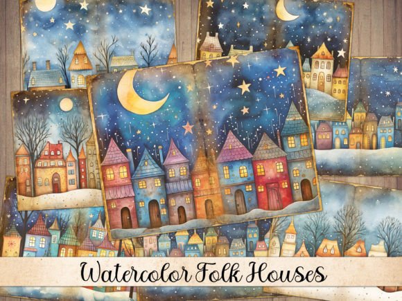 Winter Folk Houses Junk Journal Pages