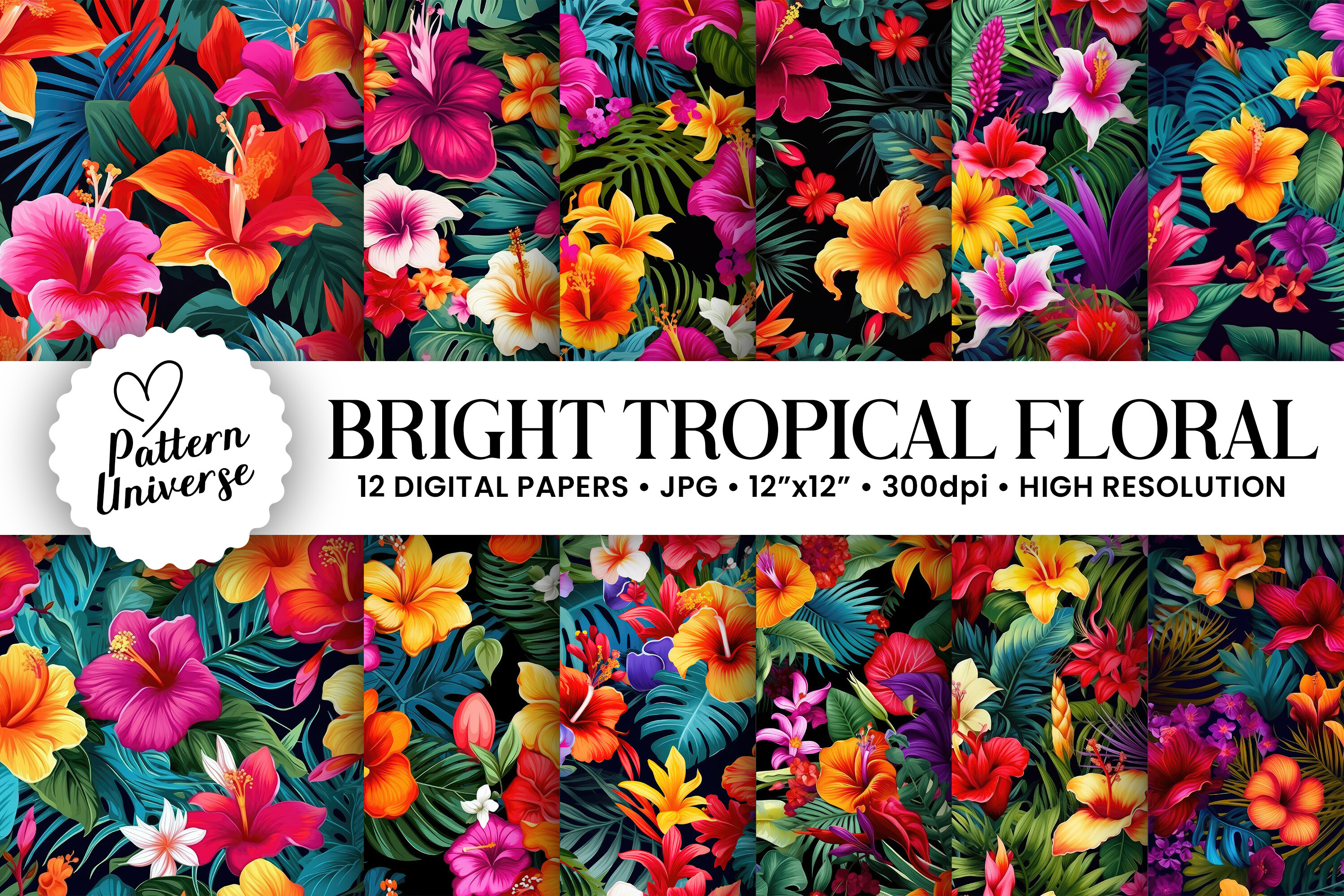 Bright Tropical Flowers Digital Papers Graphic by Pattern Universe ...