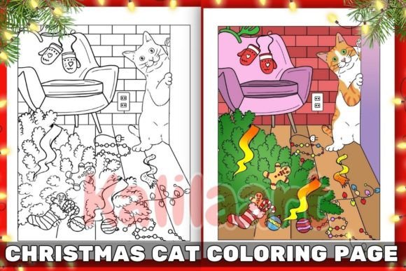 Christmas Cat Coloring Page Graphic by Kalilaart · Creative Fabrica