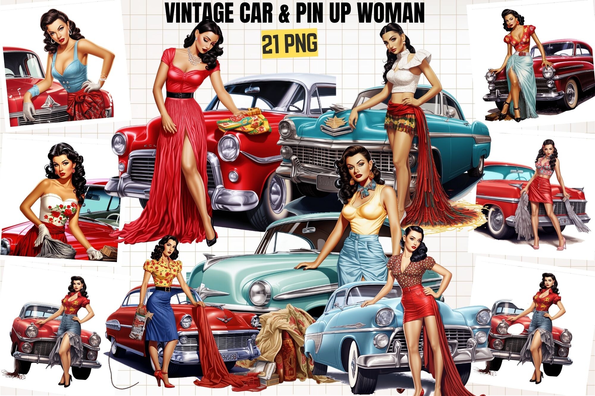 Wman Pin Up Wman and Car Clipart Graphic by DenizDesign · Creative Fabrica