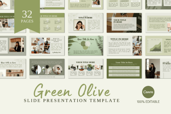 Green Olive Canva slide template with 32 editable slides