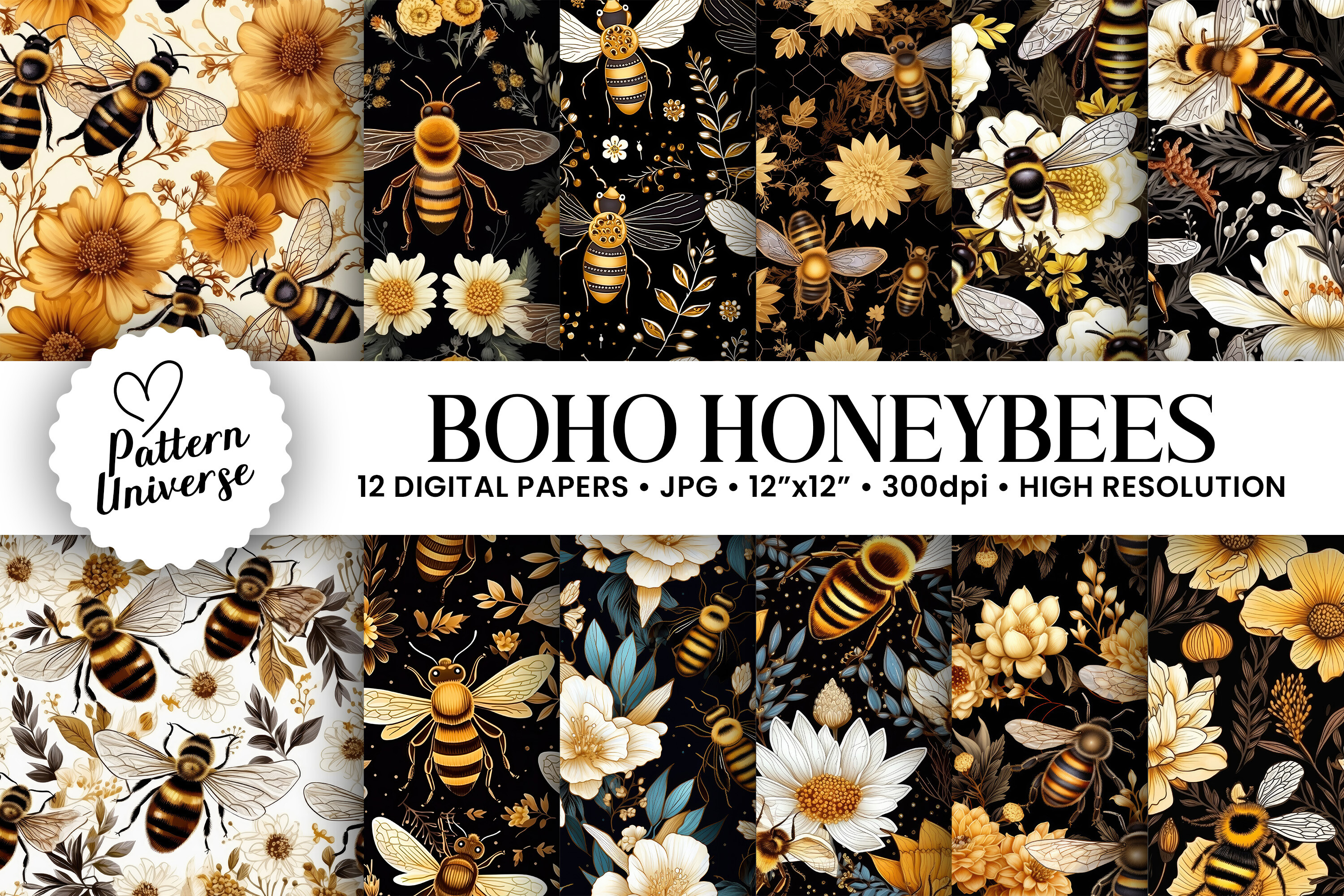 Boho Floral Honeybees Digital Papers Graphic by Pattern Universe ...