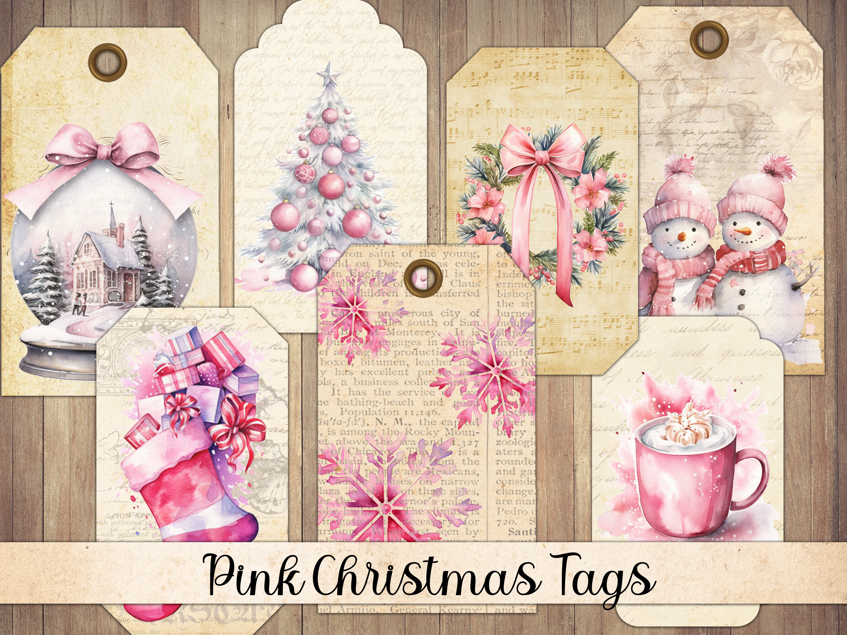 Vintage Pink Christmas Tags Ephemera