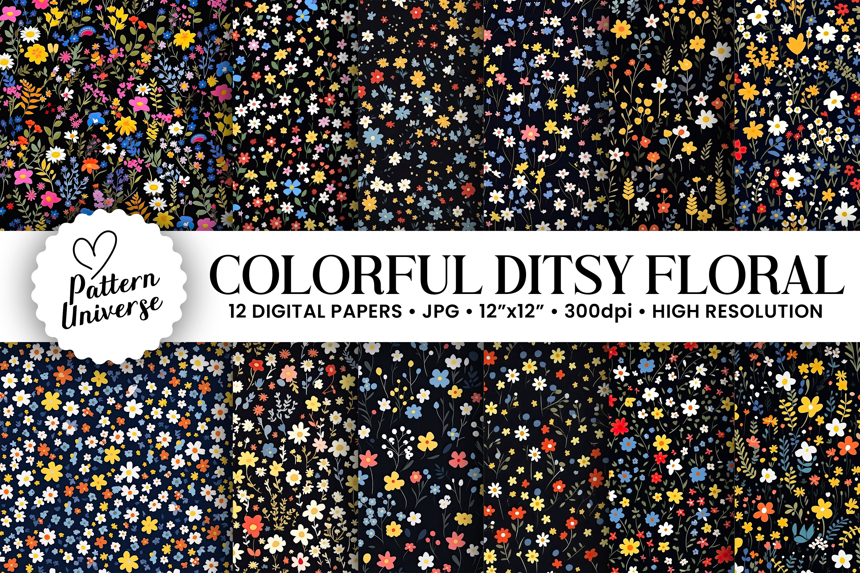 Colorful Ditsy Flowers Digital Papers Graphic by Pattern Universe ...