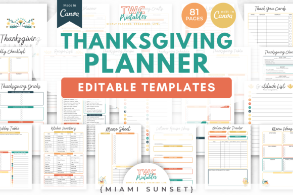 Thanksgiving Planner Canva Templates with event planning worksheets and checklists