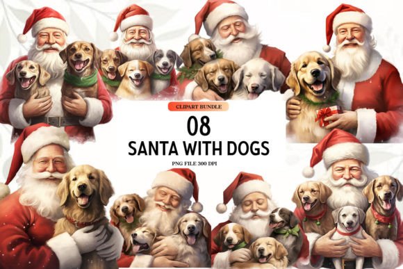Watercolor Santa Claus with dogs clipart printed on a premium boutique holiday tee