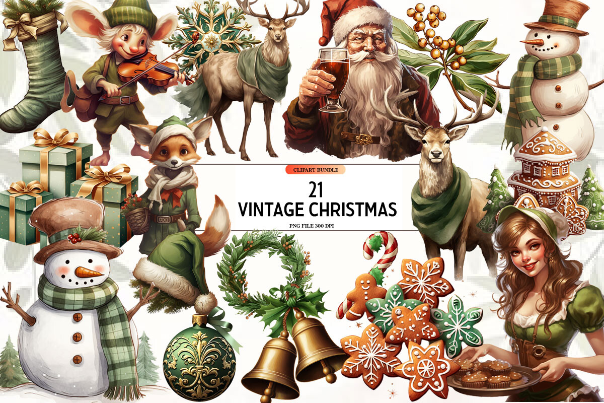 Vintage Watercolor Christmas Clipart Graphic by Ak Artwork · Creative ...