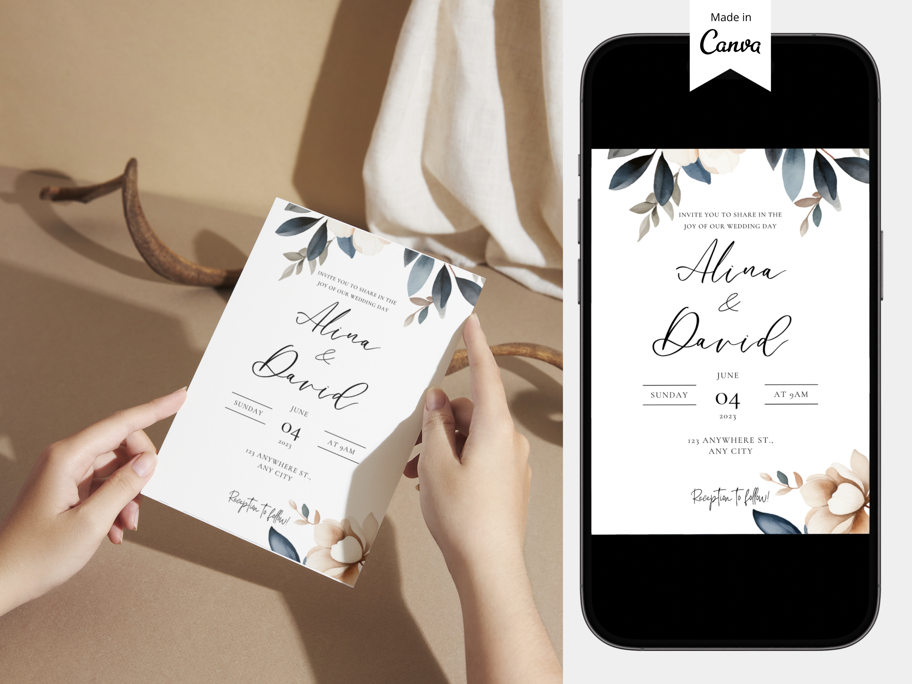 Flower Wedding Invitation Template Canva