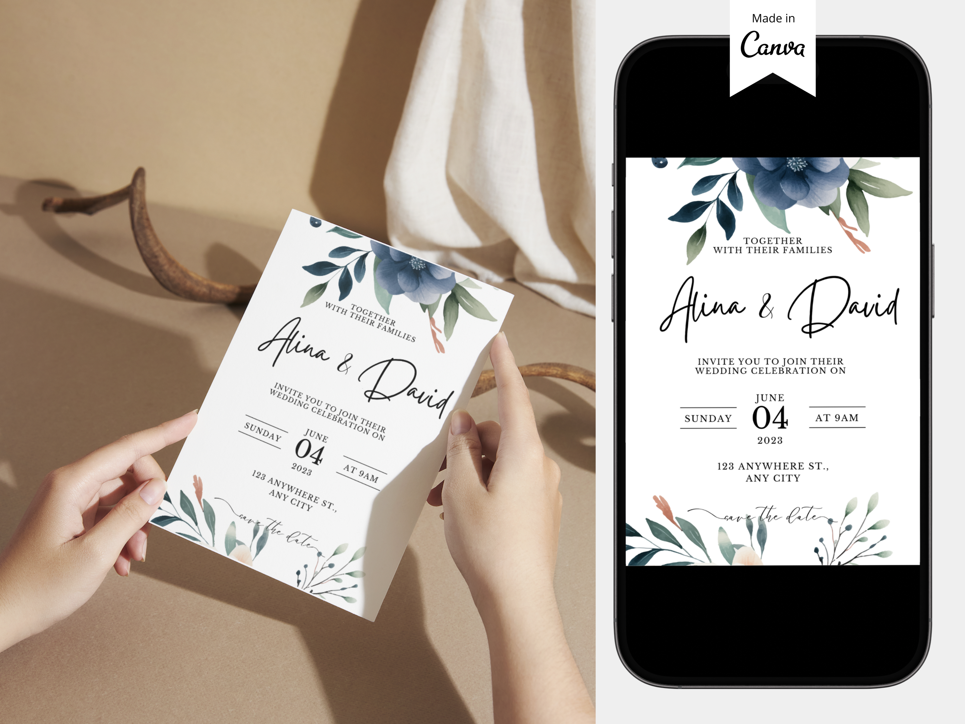 Flower Wedding Invitation Template Canva