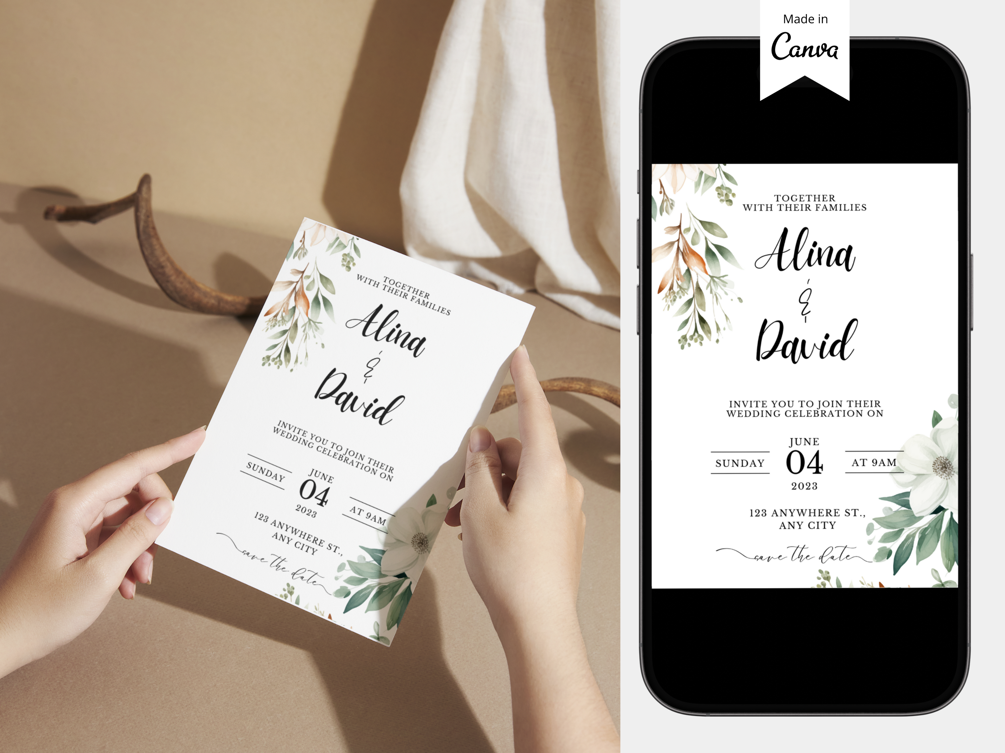 Flower Wedding Invitation Template Canva
