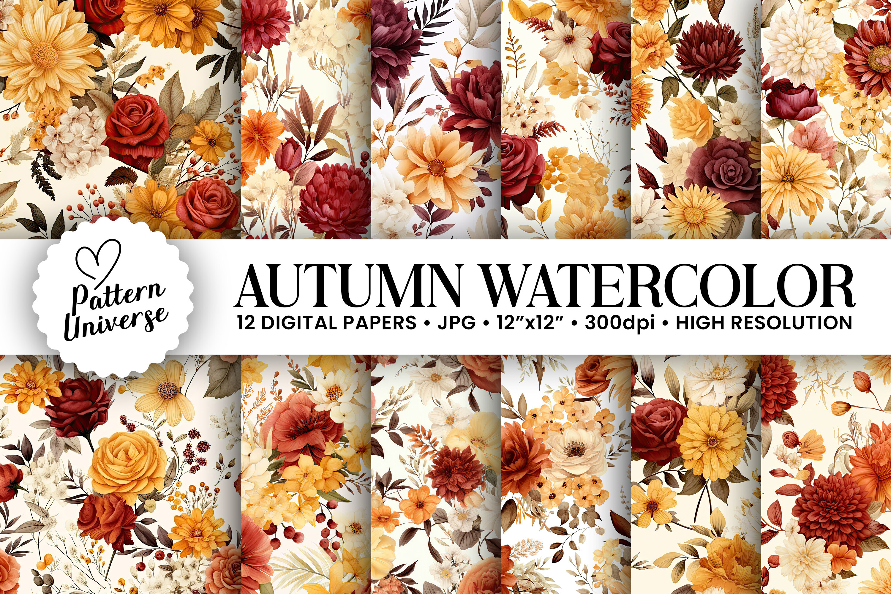 Watercolor Autumn Flowers Digital Papers Graphic by Pattern Universe ...