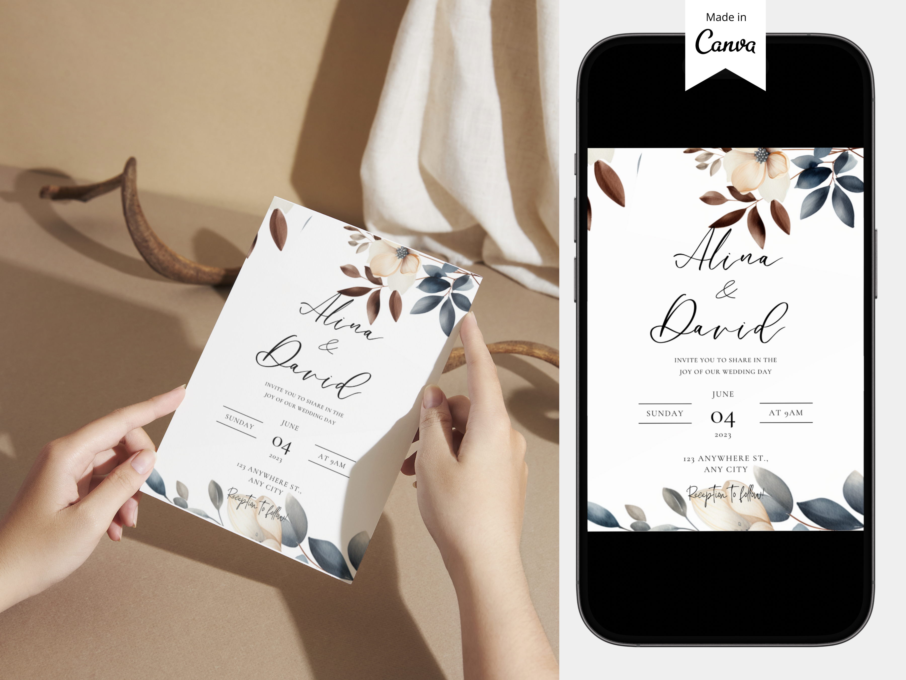 Flower Wedding Invitation Template Canva