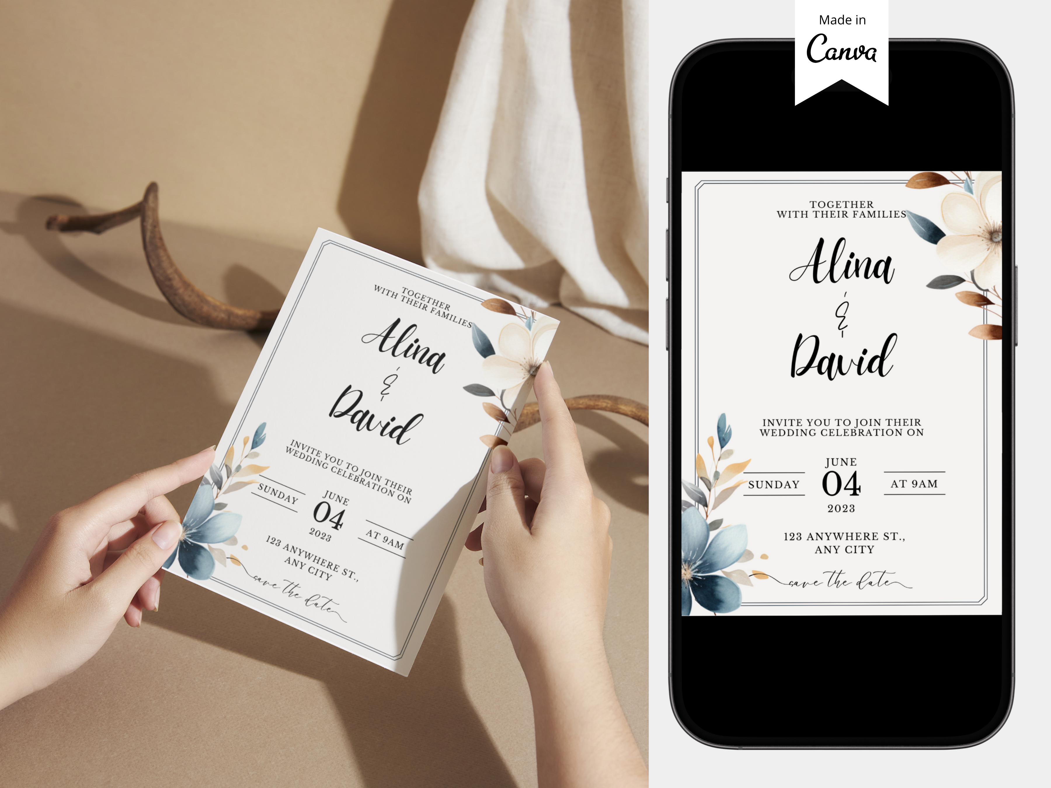 Flower Wedding Invitation Template Canva