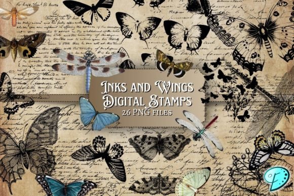 Inks and Wings Digital Stamps Bundle Graphic Decorative Elements By Emily Designs