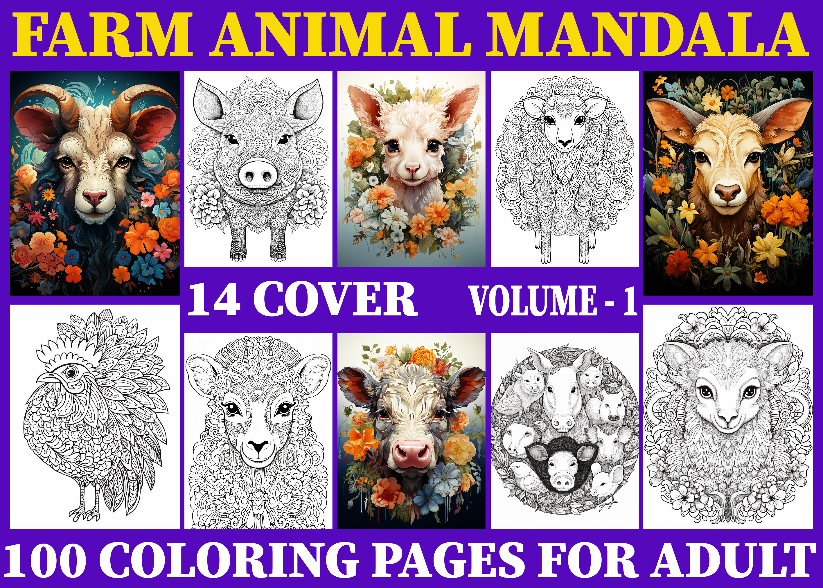 100 Cute Farm Animal Mandala Coloring