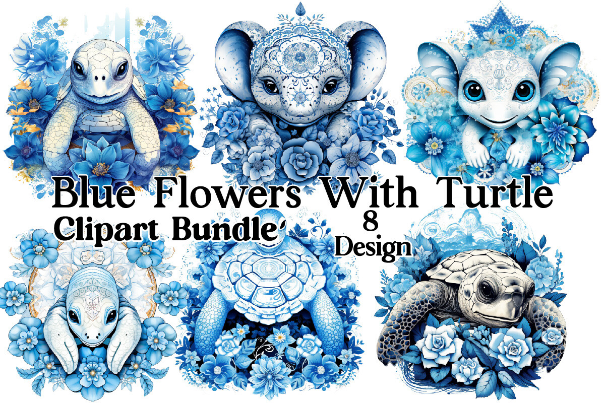 Blue Flowers with Turtle Graphic by Bundle · Creative Fabrica