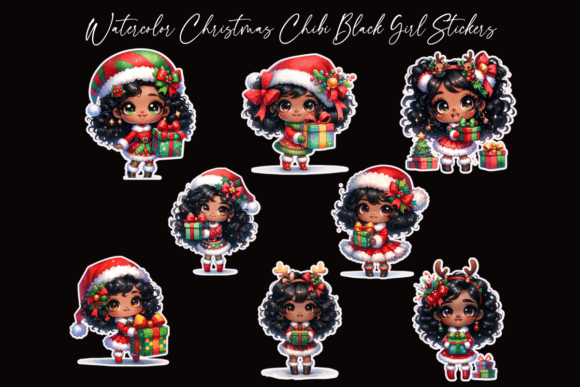 Watercolor Christmas Chibi Black Girls Grafica Illustrazioni Stampabili Di charmsnkissesXOXO