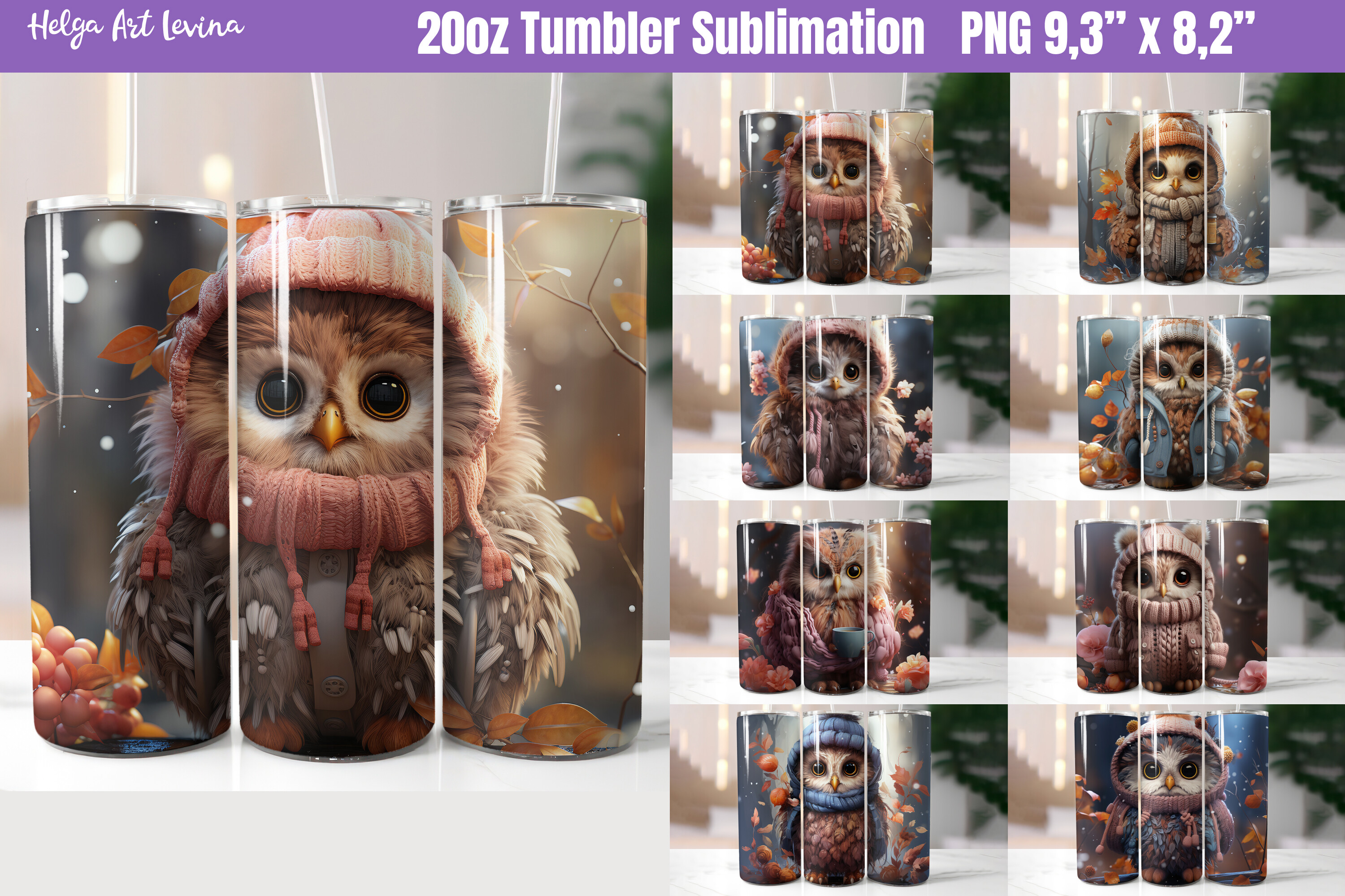 Owl 20 OZ Skinny Tumbler Bundle Graphic by Helga Art Levina · Creative ...