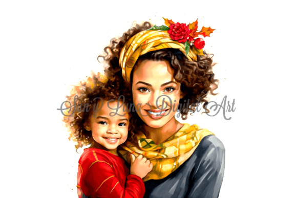 Latina Mother Daughter Christmas Art Graphic Illustrations By SunYLuna