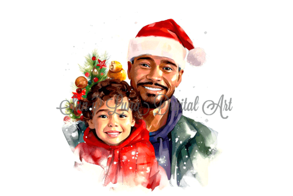 Latino Dad and Son Christmas Clip Art Graphic Illustrations By SunYLuna