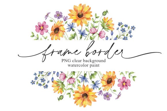 Watercolor Sunflowers Frame Border, PNG.