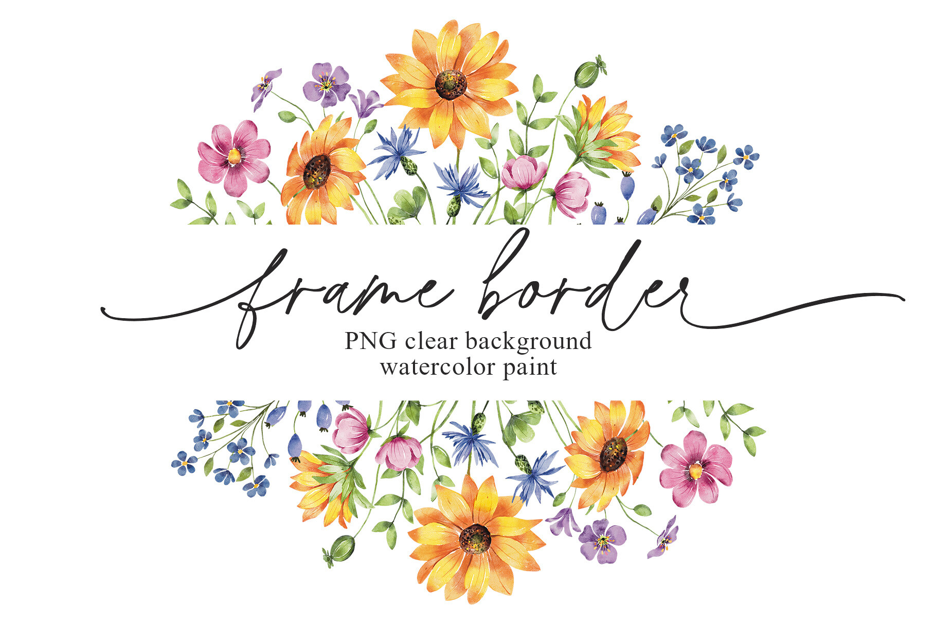 Watercolor Sunflowers Frame Border, PNG.