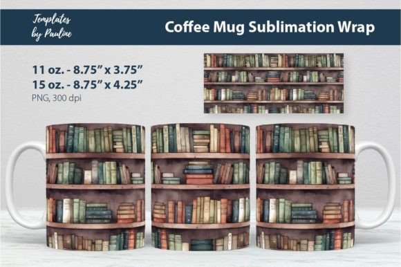 Bookshelf Coffee Mug Wrap Sublimation Graphics